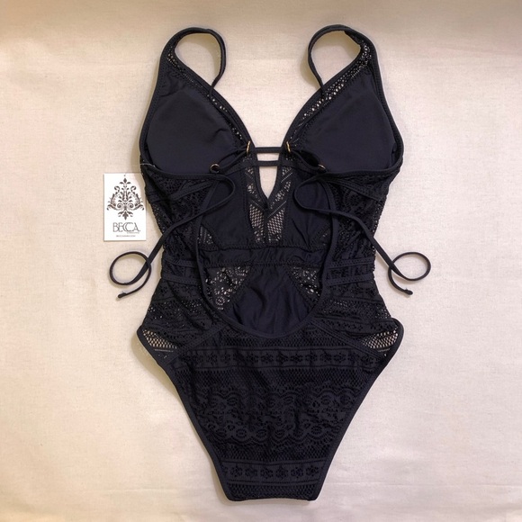 BECCA Color Play Crochet Plunge One Piece Swimsuit w/ Tie Back — MEDIUM — Black - Picture 7 of 15